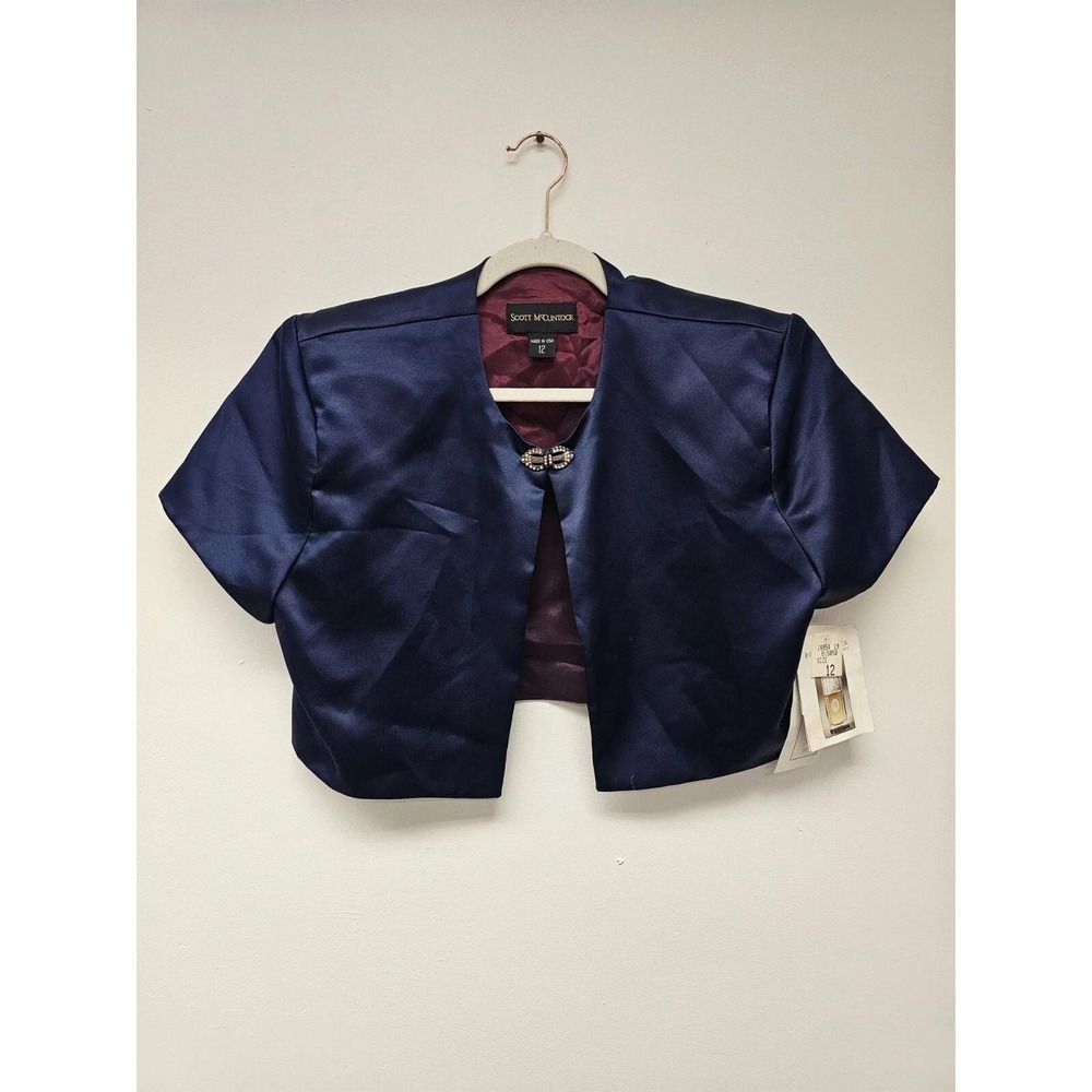 Vintage Scott McClintock Jacket Womens 12 Blue Satin Bolero Rhinestone USA 90s
